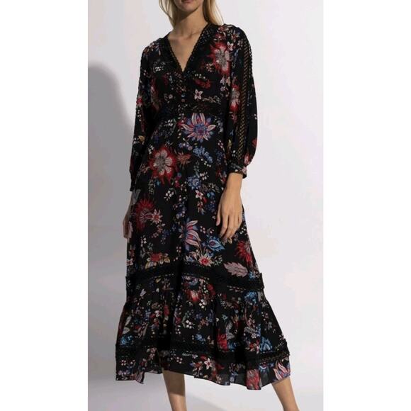 Erdem Magdelene Hogworth-Print Crepe De Chine Silk Midi Dress Sz US 4 (V4 - Picture 1 of 10